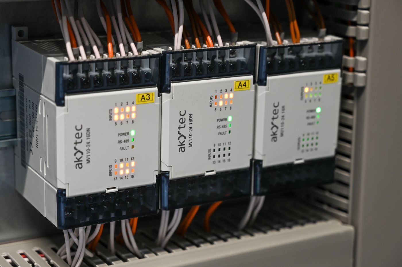 Control modules and wiring inside an industrial control panel